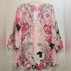 Charter Club 2X Tunic Top Womens Plus Pink Floral Boho Embroidered 3/4 Sleeves‎